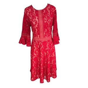 Missmay Red Floral Lace Bell Sleeve Fit & Flare Cocktail Dress Women's XXL Retro